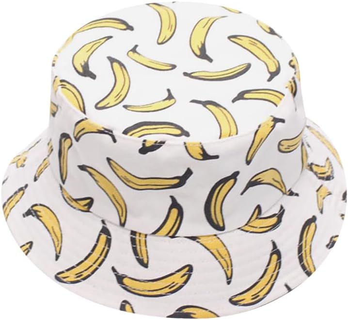 Unisex Fruit Printed Dual Use Bucket Hat Fisherman Hat Sun Visor Hat for Summer Beach Banana White
