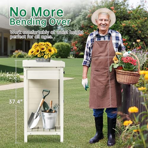 Outdoor Potting Bench with Storage Cabinet & Metal Tabletop, Garden Work Table, Wood Planting Workstation for Patio, w/Drawer