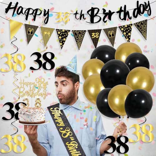 Image of 38th Birthday Decorations for Men, Black Gold 38th Party Decorations | 27pcs Happy 38th Birthdays Set: Banner, Honeycomb, Balloons, Gold Number, Candle, Hanging Swirls, Cake Topper, Party Supplies