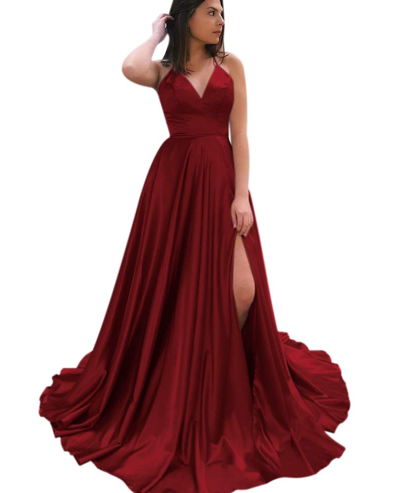 Andybridal Sexy Halter V Neck Open Back Lace Up Satin Long Evening Gowns Prom Dress with Slit