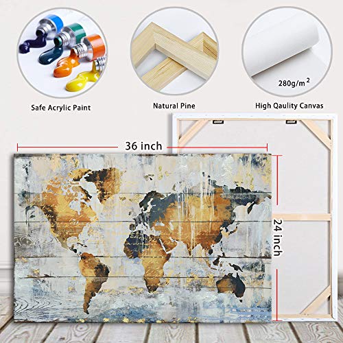 Kas Home Abstract Art - Large Vintage World Map - Gold Foil Canvas Prints Large Framed Wall Art Wall Paintings For Living Room Office Wall Decor (24 X 36 Inch, World Map Framed) #TOP6