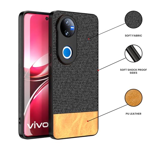 Image of Kapa Soft Fabric & Leather Hybrid Protective Back Cover for Vivo T4R / V50 / V50E 5G | Shockproof Slim Hard Anti Slip Back Case (Black,Brown)