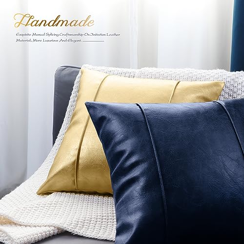 Image of BRAWARM Navy Blue Leather Throw Pillow Covers 20 X 20 Inches - Faux Leather Pillow Cover with Piping, Hand Stitched Leather Throw Pillow for Couch Sofa Bed Living Room Home Decorative