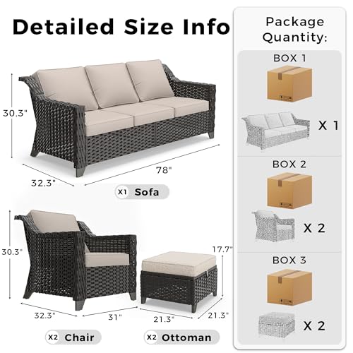 Image of 5 Piece Patio Furniture Set, Wicker Outdoor Conversation Set | Patio Chair Set with Olefin Removable Cushion, All-Weather Outdoor Couch with Deep Seat for Porch, Deck and Backyard, Beige