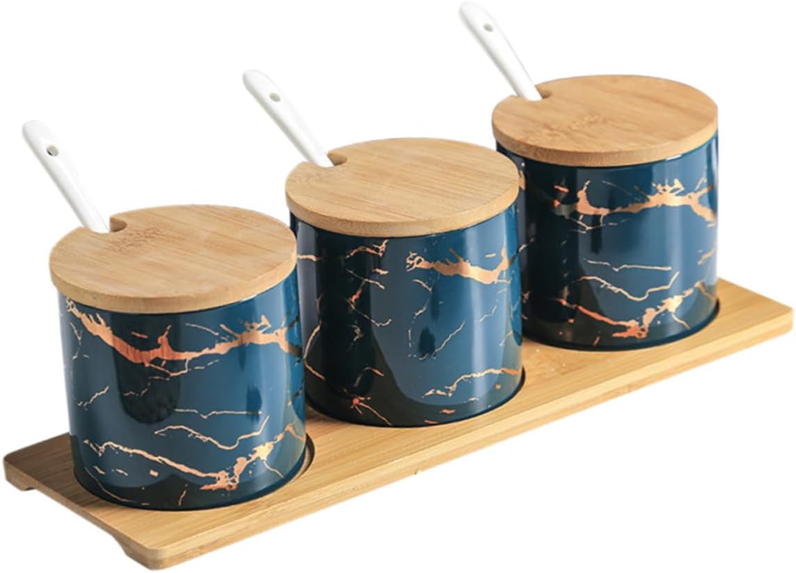 Ceramic Spice Container Set with Lid and Spoon, Emerald Tone Stone Pattern, 3pcs Kitchen Seasoning Jars for Countertop Storage and Dining Use