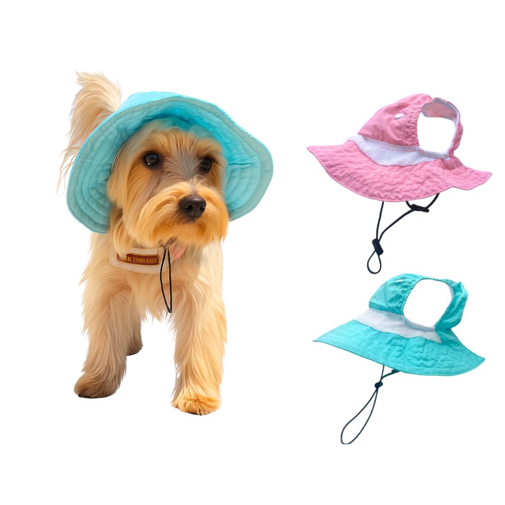 Dog Outdoor Hat with Ear Hole Round Brim Summer Dog Puppy Cat Suncare Cooling Bucket Hat Cute Active Sun Protection Pet Caps (Blue, Medium)