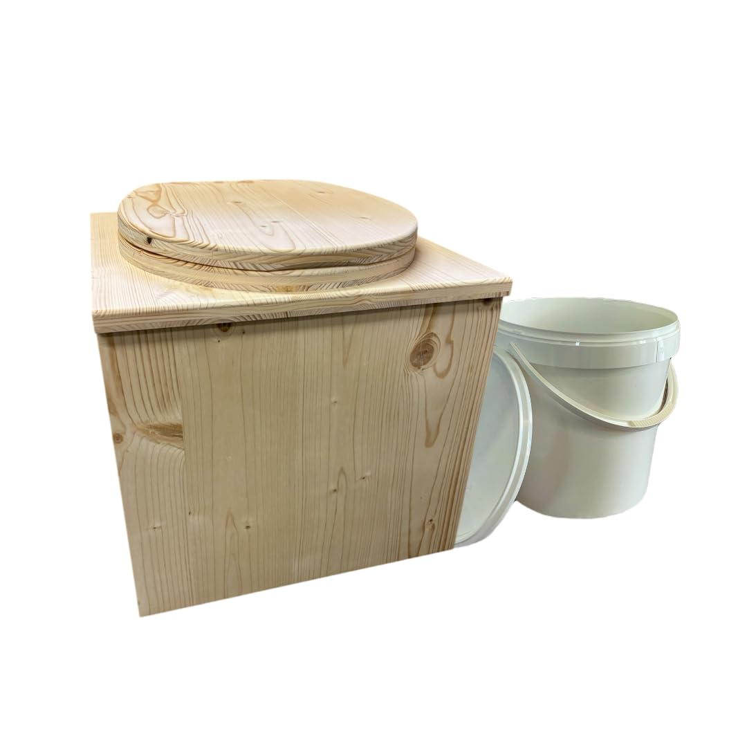 Toilette seche portable en Bois L'ESSENTIEL avec lunette abattant et seau plastique 20L - Fabrication Française Artisanale -