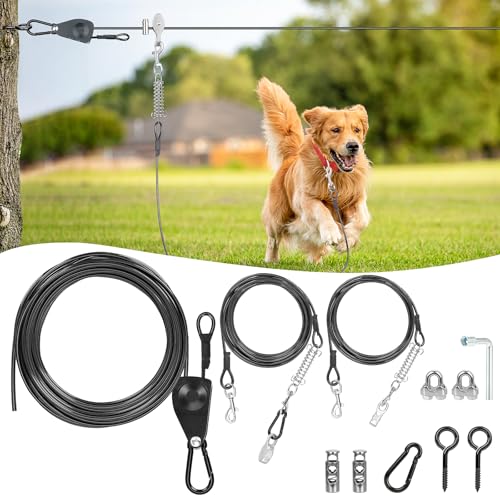 SIVEIS 100FT Black Dog Runner for Yard with 10FT & 16FT Tie Out Cables, Upgraded Pulley System for Easy Setup, Dog Lead for Yard, Camping, Parks & Outdoor Use, for Dogs Up to 250lbs