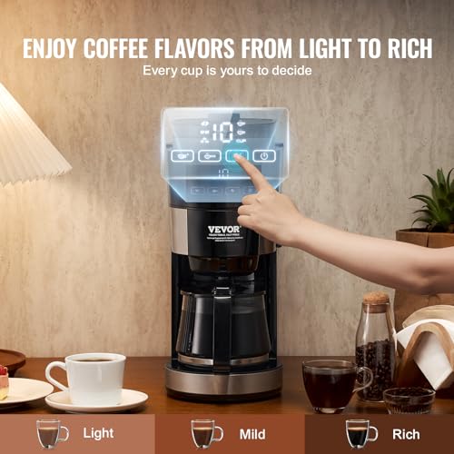 Image of VEVOR Coffee Maker with Grinder, 10 Cup Coffee Machine, Grind and Brew Coffee Maker with 3 Brew Strength Control, Adjustable Grinding Coarseness, for Home Office Restaurant