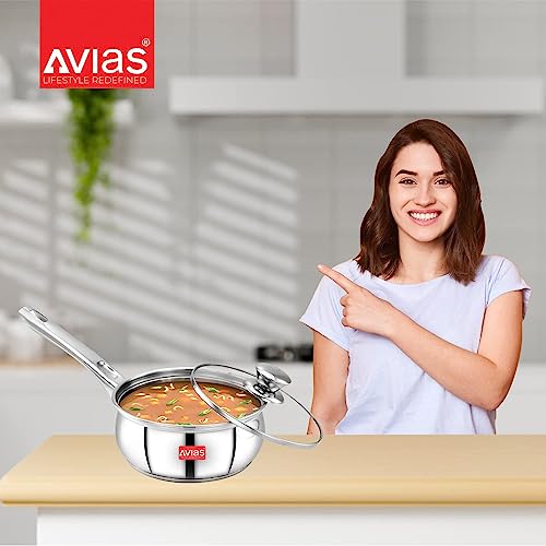 Image of Avias INOX IB Stainless Steel Saucepan with Glass Lid, Triply Induction Bottom, Induction & Gas Stove Compatible, Tea Pan, Milk Pan, Rust Proof Sauce Pan 14cm