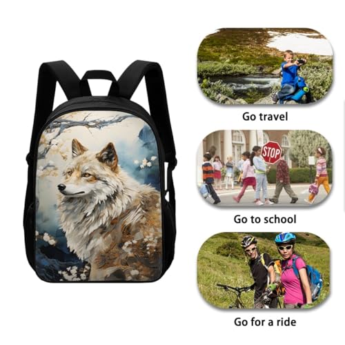 ENLACHIC 3D Wolf Backpack for School, Boys Girls Cool Animal Print School Bag Durable Casual Daypack College Bookbag,Wolf Floral3