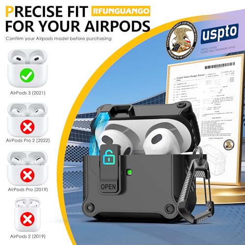 Image of RFUNGUANGO for Airpods 3rd Generation Case with Secure Lock Clip, Full Body Shockproof Hard Shell Protective,for AirPods 3 Case Compatible with Apple AirPod 3rd Gen 2021 [Front LED Visible] - Black