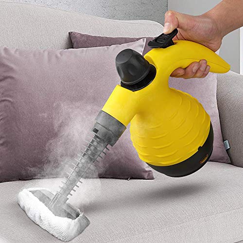 Bakaji Tragbarer Dampfreiniger, Leistung 1050 W, Druck 3,2 bar, 28 g/min, Tank 300 ml, schnelle Erwärmung mit drehbarem Auslauf, 360 Grad, Sicherheitsverriegelung und Zubehör für zu Hause (Gelb)