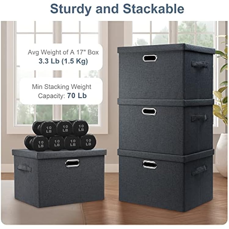 Graciadeco Large 17 36 Quart Collapsible Stackable Storage Bins with Lids, 3 Packs Dark Gray Foldable Fabric Closet Storage Boxes with Lids, Heavy-duty Linen Cube Baskets(17x12x11)