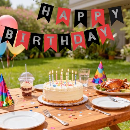 Image of Hooqict Happy Birthday Banner Red Silver Black Happy Birthday Decorations for Kids Men Women Black Party Banner Decorations Supplies Wall Door Garland Sign Bunting Flag