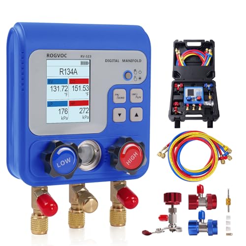 Rogvoc Digital Manifold Gauge Set, HVAC Pressure and Air Tightness Test Gauges, Refrigerant AC Gauges with 3 Hoses, for R22/R410A/R134A Refrigerant Recharge Kit
