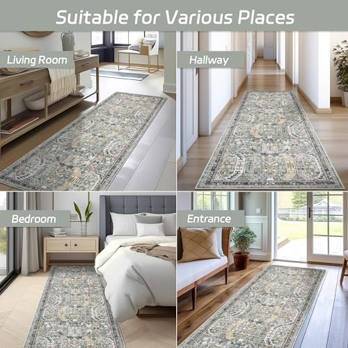 Madane Hallway Runner Rug 2x12, Extra Long Washable Runner Rugs with Rubber Backing, Non Slip Carpet Runner, Vintage Rug Runners for Kitchen Laundry Room Entryway (Green/Gold, 2'x12')