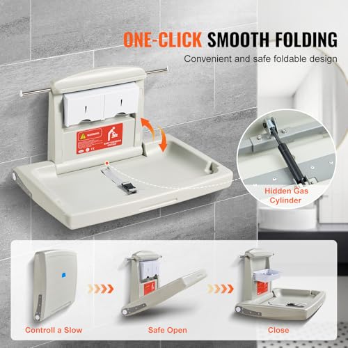 VEVOR Wall-Mounted Baby Changing Station, Horizontal Foldable Diaper Change Table with Safety Straps and Hanging Rods, Use in Commercial Bathrooms, Daycare Centers for Newborns & Infant by VEVOR - Image 3