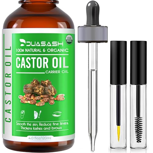 Duasash Aceite de Ricino para Pestañas y Cejas 120ml Aceite de Ricino Puro para Cabello, Barba, Uñas, Cuerpo y el Rostro Prensado en Frío, Ideal Aceite Pelo Crecimiento Cabello Castor Oil con Cepillos