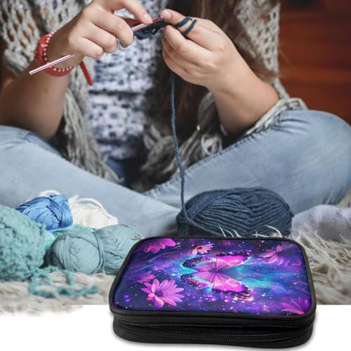Image of Purple Butterfly Crochet Hook Case Portable Floral Crochet Storage Organizer with Web Pockets for Hooks, Knitting Needles,Knitting Supplies