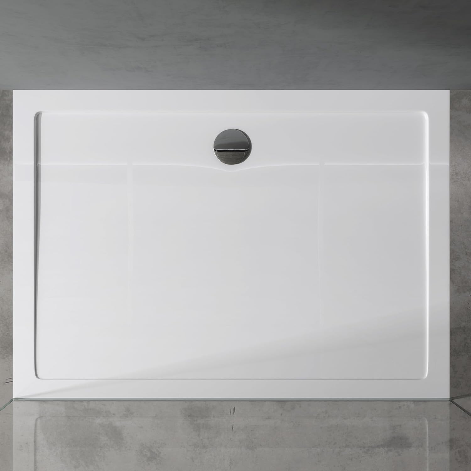 doporro Plato de ducha plano diseño Faro2W 75x90x4 de acrílico en blanco rectangular incl. válvula de desagüe adecuada para instalación a nivel del suelo y conexiones-DIN