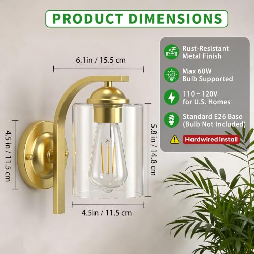 Image of 2-Pack Wall Sconces Lights Lamp for Bedroom Bathroom, Modern Vanity Light Fixtures, Gold Farmhouse Wall Mount Lighting Lanterns with Clear Glass Shade for Living Room Mirror Hallway Kitchen