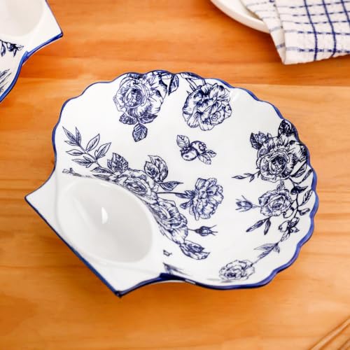 Image of Nestasia Ceramic Snack Plates Set of 2 - Serving Plate with Dip Section for Chutney | Microwave & Dishwasher Safe Shell Shaped Design for Kids & Adults - Perfect for Fries, Momos, Kebab (Blue & White)