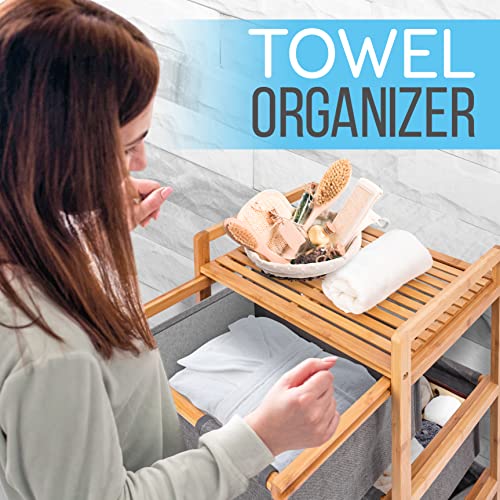 Serenelifehome 3 Section Freestanding Bamboo Bathroom Organizer With Pull Out Hamper Drawers Wooden Laundry Towel Cabinet Tower Three Part Compartment Sorter Basket For Kids Room #TOP5