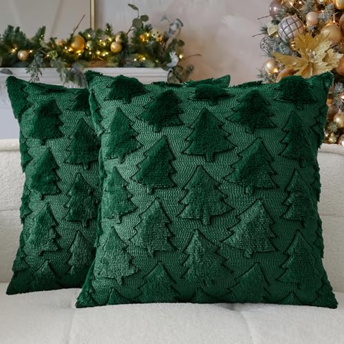 Kevin Textile Christmas Pillow Covers 18x18 Inch Set of 2 Interesting Christmas Tree Embroidery Soft Plush Faux Fur Decoration Pillowcases for Couch Sofa Holiday Festivals Winter Xmas Gift Dark Green