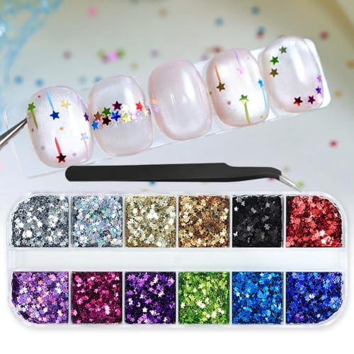 Tiny Stars Nail Glitter Holographic Star Nail Sequins 3D Nail Flakes Colorful Glitter Flakes Silver Black Stars Nail Art Glitter Shiny Nail Sequins Glitter for Nails Art 1 Box 12Grids
