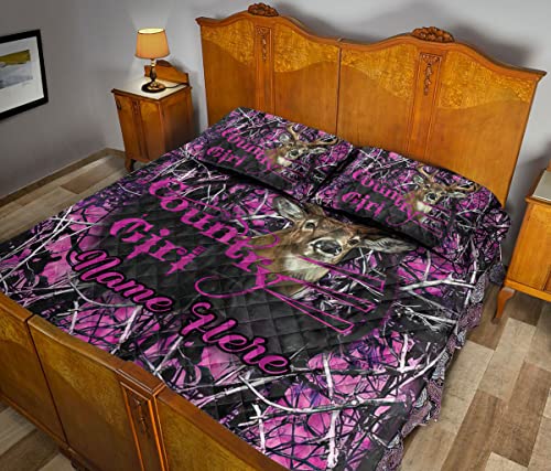 Custom Country Girl Love Deer Hunting Pink Pattern Personalized Name Quilt Blanket & Pillowcases, Quilts Bedding Set & Pillow Cover, King Queen Double Twin Throw Full Size Bedspread Bed Sets #TOP2