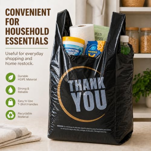 Image of YoYoRain Black Thank you T shirt bag, Grocery shopping bag Reusable and Disposable Supermarket Bag 11''x6''x21'' 300PCS