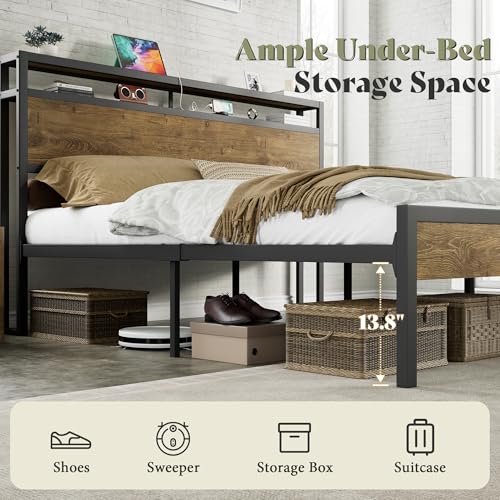 Image of AMERLIFE King Size Bed Frame with Storage Headboard & Charging Station, Industrial Metal Platform Bed with Large Under-Bed Storage, Heavy Duty Slats, No Box Spring Needed, Rustic Brown