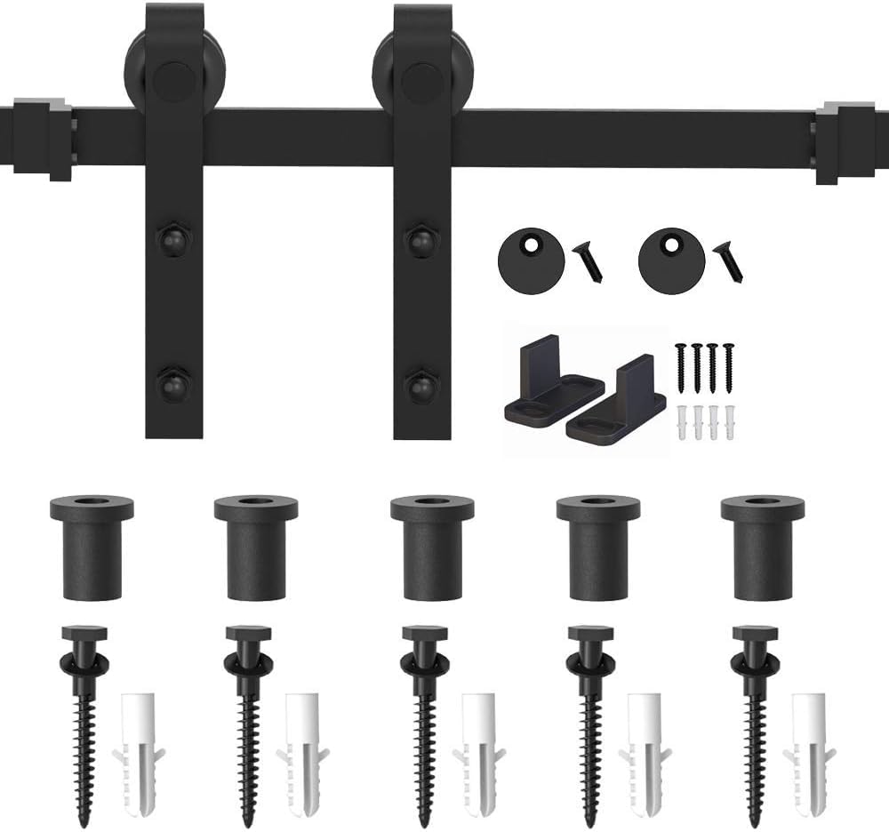 WINSOON 6FT/183cm Binario per Porta Scorrevole Singola Pesante Nero Kit Porta Scorrevole Esterno Muro Forma J (Nessuna Porte)