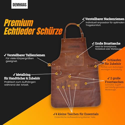 DEMHAAS® Premium Grillschürze aus Echtleder – Handgefertigte Lederschürze für Männer | BBQ-, Grill- & Kochschürze mit Taschen | Verstellbare Riemen | Vintage Braun (Braun)