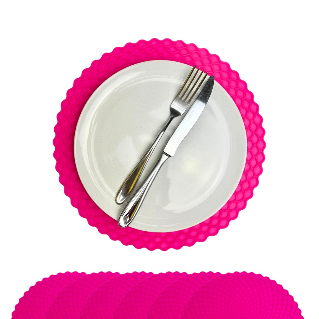Stone & Thyme Pink Silicone Placemats Set of 6 – 29 x 29cm. Waterproof & Non-Slip Dining Table Mats, Heat Resistant, Easy-Clean Reusable Food-Grade Silicone Placemats for Family Meals.