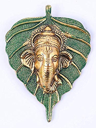 JSK Collection Lord Ganesha on Green Leaf Metal Wall Hanging pan patta for vastu