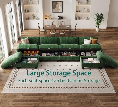 Image of Modular Sectional Sofa, 132 inch U Shaped Couch with Storage | High Resilience Foam, 22 inch Seat Depth, Movable Ottoman, Comfy Chenille, Easy Assembly, Green