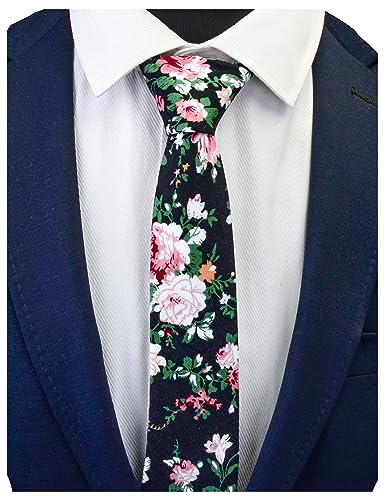 Image of GUSLESON Fashion 2.4 inch(6cm) Floral Skinny Tie for Men Slim Flower Print Cotton Necktie for Wedding Party