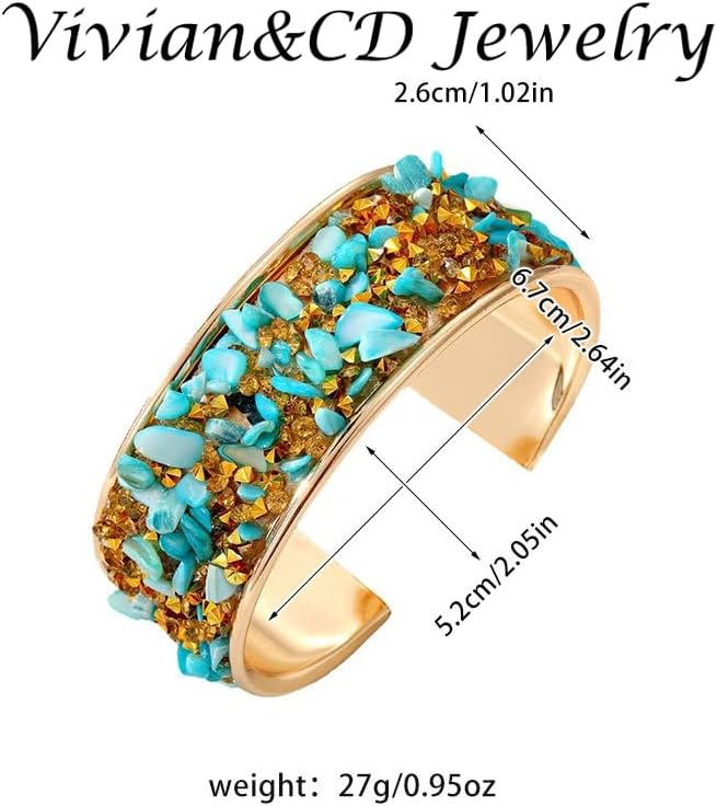 Vivian&CD Bohemian Retro Chunky Cuff Bracelet for Women, Gold Open Adjustable Bangle with Zircon Stones or Rhinestone Accents, Statement Jewelry for Wedding, Party or Bold Everyday Style - Image 3