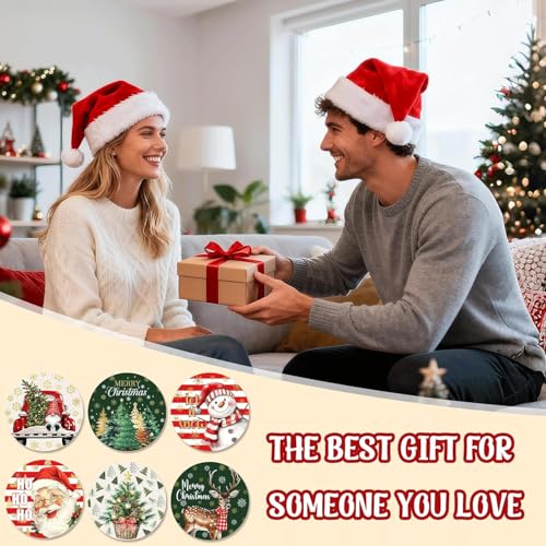 Image of Christmas Coasters Set of 6 with Metal Holder, Round Cork Drink Coasters, Santa Snowman Reindeer Tree Design, 4 Inch, Holiday Table Decor