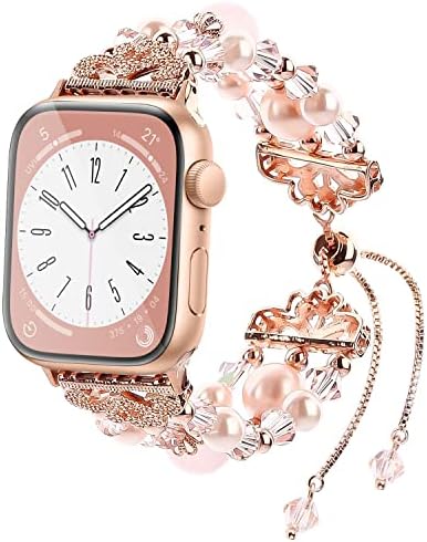 fohuas Compatible Apple Watch Bracelet Band Pearl 38mm 40mm 41mm, iWatch beaded Bangle Crystal Pearl Adjustable Women Girl Elastic Jewelry Replacement Wristband Strap for iWatch Series SE 8 7 6 5 4 3 2 1, Rose Gold
