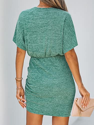 Cupshe Ruched Drawstring Mini Dress Short Sleeves Dresses For Women Casual Summer Green Large #TOP1