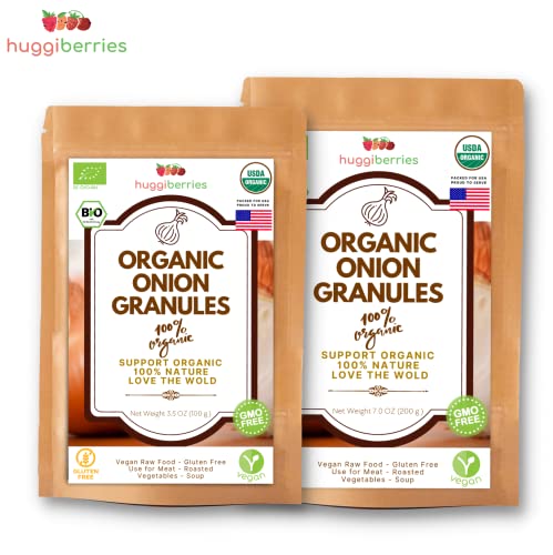 Huggiberries Organic Onion Granules 3.5 Oz - Pure, Natural, And Delicious Onion Powder For Soups, Veggies, Meat - Gluten-Free, Vegan, And Organic Potent - Antioxidants, Supports Heart And Cardio #TOP2