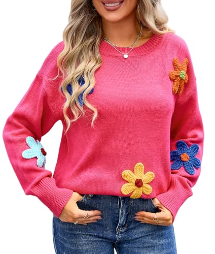 NUFIWI Women Colorful Floral Sweater Long Sleeve Crewneck Daisy Flower Knit Pullover Jumper Fall Fashion Winter Clothes