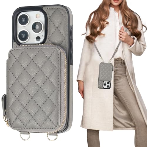 Bocasal Crossbody Wallet Case for iPhone 15 Pro, RFID Blocking PU Leather Zipper Handbag Purse Flip Cover, Kickstand Folio Case with Card Slots Holder Wrist Strap Lanyard 5G 6.1 Inch (Grey)