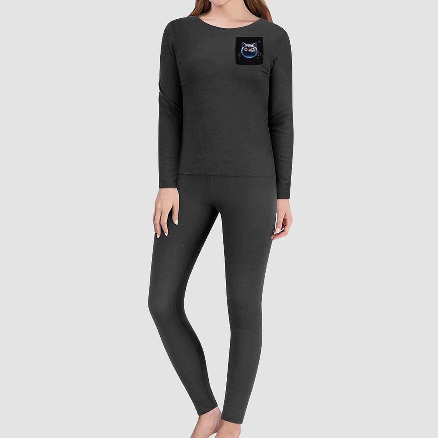 Cute Black Cat Shape Thermal Underwear Set for Women Long Johns Women Base Layer Top Bottom for Cold Weather
