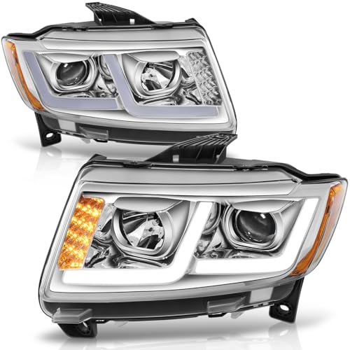 Auto Dynasty LED DRL Headlights Assembly Compatible with 2011 2012 2013 Jeep Grand Cherokee Driver and Passenger Side Headlamps w/Dual L-Tube DRL Projector Low Beam Chrome Housing Amber Corner