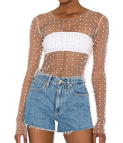Women's Sheer Mesh Pearl Crop Top Shiny Rhinestone Long Sleeve Cover Up Blouses