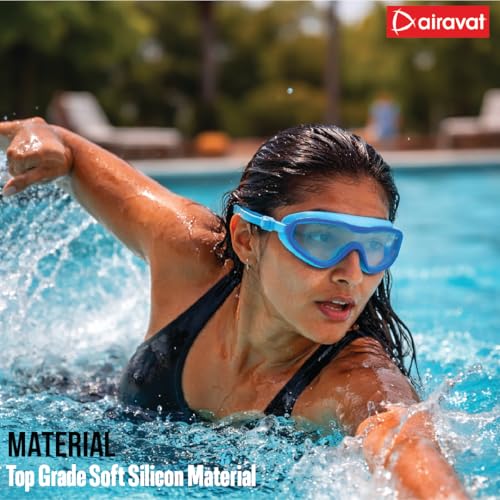 Image of AIRAVAT Shore swimming goggles, polycarbonate goggles, No Leaking Anti-Fog Pool Goggles for Adult Men Women Youth, UV Protection, 180 Clear Vision, Free size (Blue Combo)